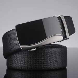 Men's black genuine leather belt with alloy automatic buckle and lychee pattern finish