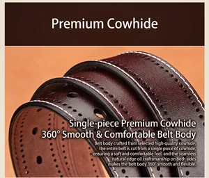 Macro detail of dark brown cowhide leather belt with white stitching and painted edge