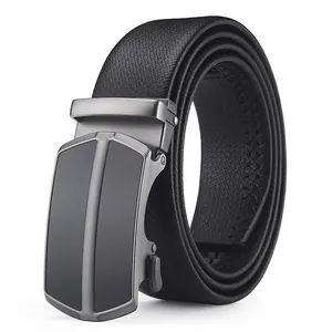 Men's black leather business belt with carbon fiber patterned automatic alloy buckle
