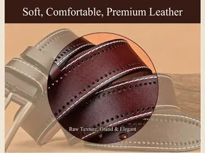 Macro shot of dark brown premium cowhide leather belt with white stitching and dual-row holes