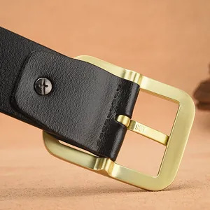 Men's retro leather belt with vintage bronze pin buckle and fine texture detail