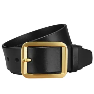 Classic black leather belt for men with matte gold rectangular metal pin buckle
