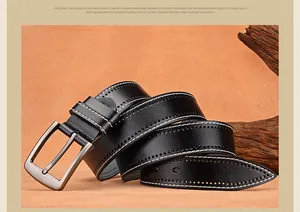 Close-up of black cow leather belt with alloy pin buckle and vintage double stitching