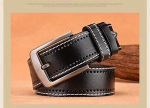 Detail of black cow leather belt with white stitching and alloy wire drawing pin buckle