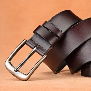 Classic dark brown leather belt for men with high-quality silver pin buckle detail