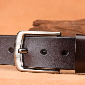 Men's retro dark brown genuine leather belt with brushed silver pin buckle detail