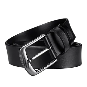 Classic black men's leather belt with dark grey textured metal pin buckle