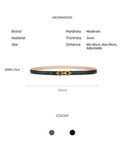 Detailed size chart for minimalist 1.5cm leather belt showing 105cm length and adjustments