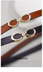 Close-up of slim leather belts with gold oval buckles in brown and black variants