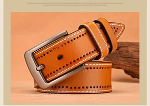 Close-up of tan leather belt with decorative stitching and brushed alloy pin buckle