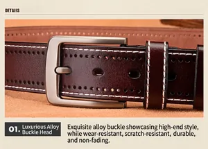 Detail of dark brown leather belt with white contrast stitching and brushed alloy buckle