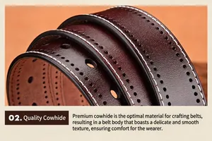 Close-up of premium brown leather belt featuring natural grain and white contrast stitching