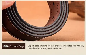 Detail of premium black leather belt edge with precise white stitching and smooth finish