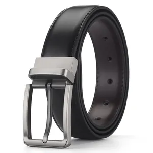 Men's business black leather belt featuring a dark grey brushed metal pin buckle