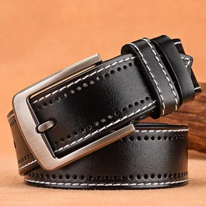 Men Vintage Split Cowhide Leather Belt With Alloy Pin Buckle Casual Business Waist Belt Contrast Stitching Perforated Design