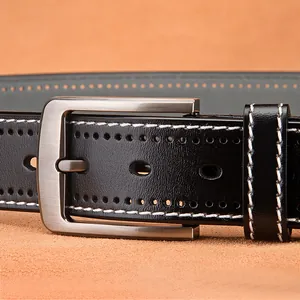 Men's retro black cowhide leather belt with contrast white stitching and metal pin buckle