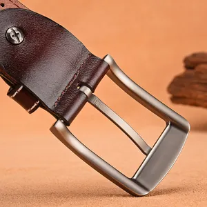 Classic dark brown leather belt with metal pin buckle and elegant white stitching