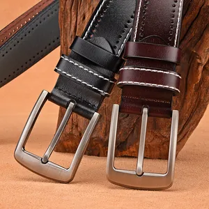 Retro genuine leather belts for men with white contrast stitching and matte metal buckle
