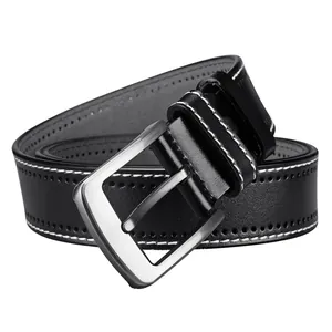 Men's retro leather belt with silver needle buckle and white stitching on black strap