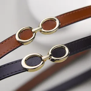 Minimalist genuine leather slim belts for women with elegant gold interlocking buckles
