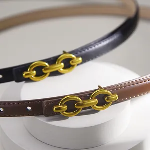Women Fashion Leather Thin Belt Alloy Interlocking Buckle Smooth Waist Strap For Dresses Casual Ladies Versatile Waistband