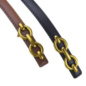 Slim leather waist belt for women with retro gold geometric buckle in black and brown