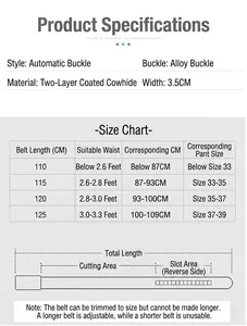 Size chart for men's leather belt with alloy buckle and 3.5cm width measurement details