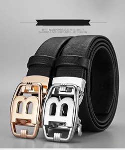 Detail of male leather belt featuring alloy automatic buckle with B letter logo