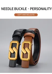 Detail of slim leather belts with matte gold geometric buckles in black and brown