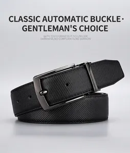 Detail of men's leather belt with black twill texture and gunmetal automatic buckle
