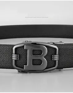 Close-up of black lychee grain leather belt with gunmetal 3D letter B automatic buckle