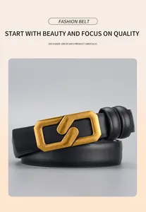 Detail of a black leather belt featuring a matte gold interlocking double-ring buckle design