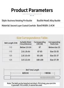 Size chart and technical specifications for men's leather belt with alloy pin buckle