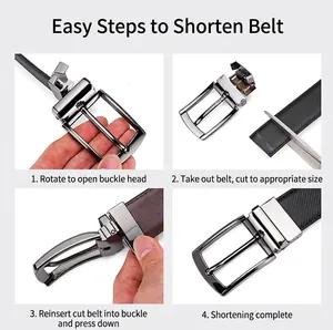 Detail of rotating buckle mechanism for trimming reversible leather belt to custom size