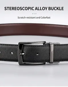 Close-up of swivel pin buckle with carbon fiber textured leather belt for men