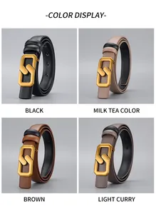 Collage showing thin leather belts in black, milk tea, brown, and light curry with gold buckles