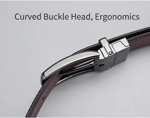 Detail of ergonomic curved metal buckle and two-tone black and brown leather belt