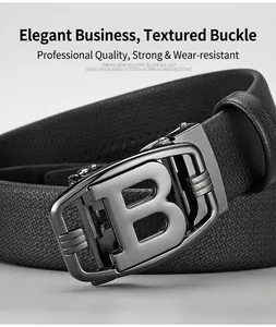 Detailed close-up of men's leather belt featuring a gunmetal alloy B buckle design