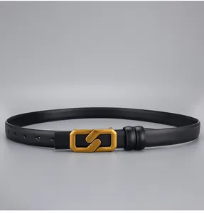 Close-up of black leather belt featuring a unique matte gold double geometric ring buckle