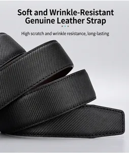 Close-up of black genuine leather belt strap with anti-scratch carbon fiber texture