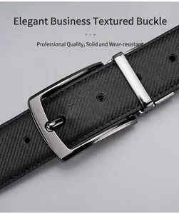 Close-up of men's leather belt featuring a textured strap and a polished metal pin buckle