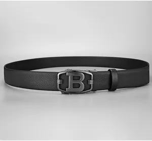 Macro detail of men's black cross-grain leather belt with metal B letter auto buckle