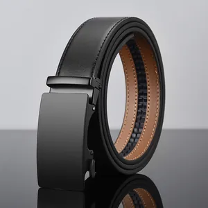 Ceinture à Cliquet En Cuir Véritable Pour Hommes Avec Boucle Automatique En Alliage Business Décontracté Minimaliste Noir