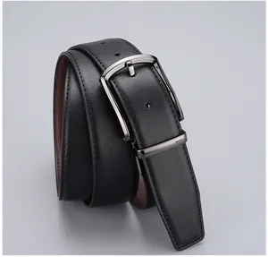 Close-up of a men's business leather belt with Saffiano texture and rotatable pin buckle