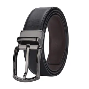 Men Business Leather Belt Saffiano Texture Rotating Alloy Pin Buckle Reversible Black Brown Formal Casual Waist Belt For Men