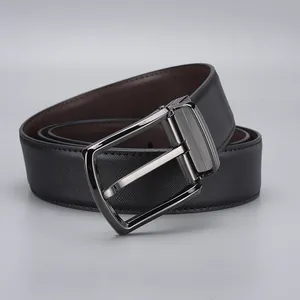 Men's business leather belt with rotating needle buckle and black Saffiano texture