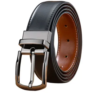 Close-up of a premium reversible black and brown leather belt with a gunmetal pin buckle
