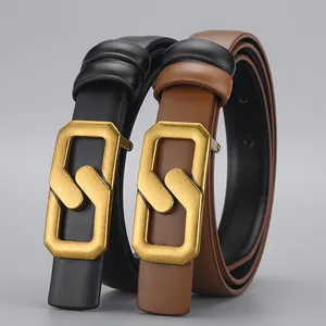 Genuine leather women belts in black and brown with elegant golden S-shape metal buckles