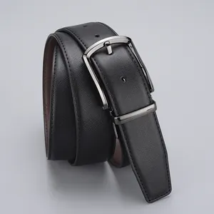 Men's business leather belt with gunmetal rotating pin buckle and black Saffiano texture