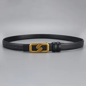 Classic black leather skinny belt for women featuring a vintage interlocking gold buckle